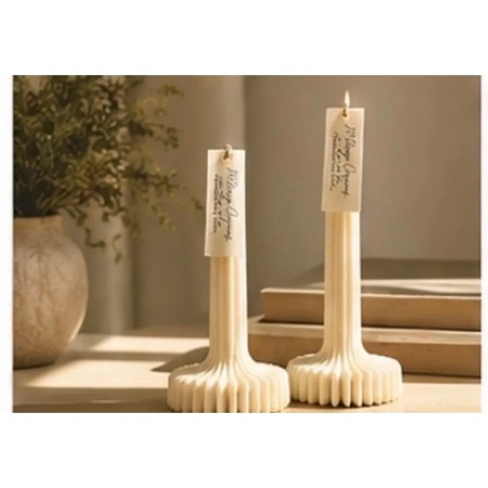 PH Design Organics Sculptural Pillar Candles Set of 2 Ivory Fluted Soy Wax NEW